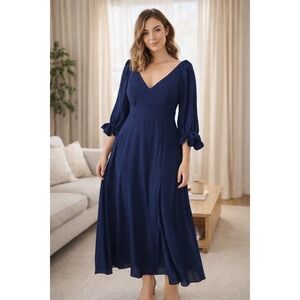 Ever Pretty Women Maxi Dress  Navy Blue V Neck Long Sleeve Bow Detail  Formal